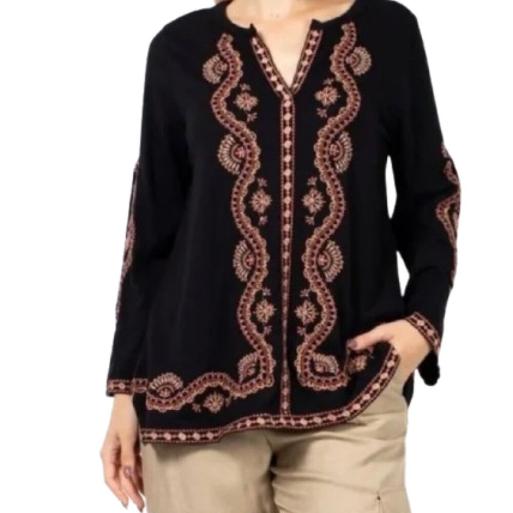 J. Jill Black Embroidered Tunic Top Pull-over V Neck Boho Tan Pink Floral, sz XL
